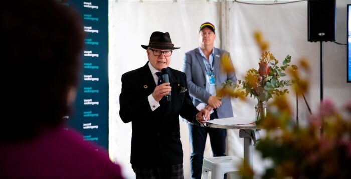 Wollongong City Lord Mayor Clr Gordon Bradbery presents to guests at the Invest Wollongong hospitality tent